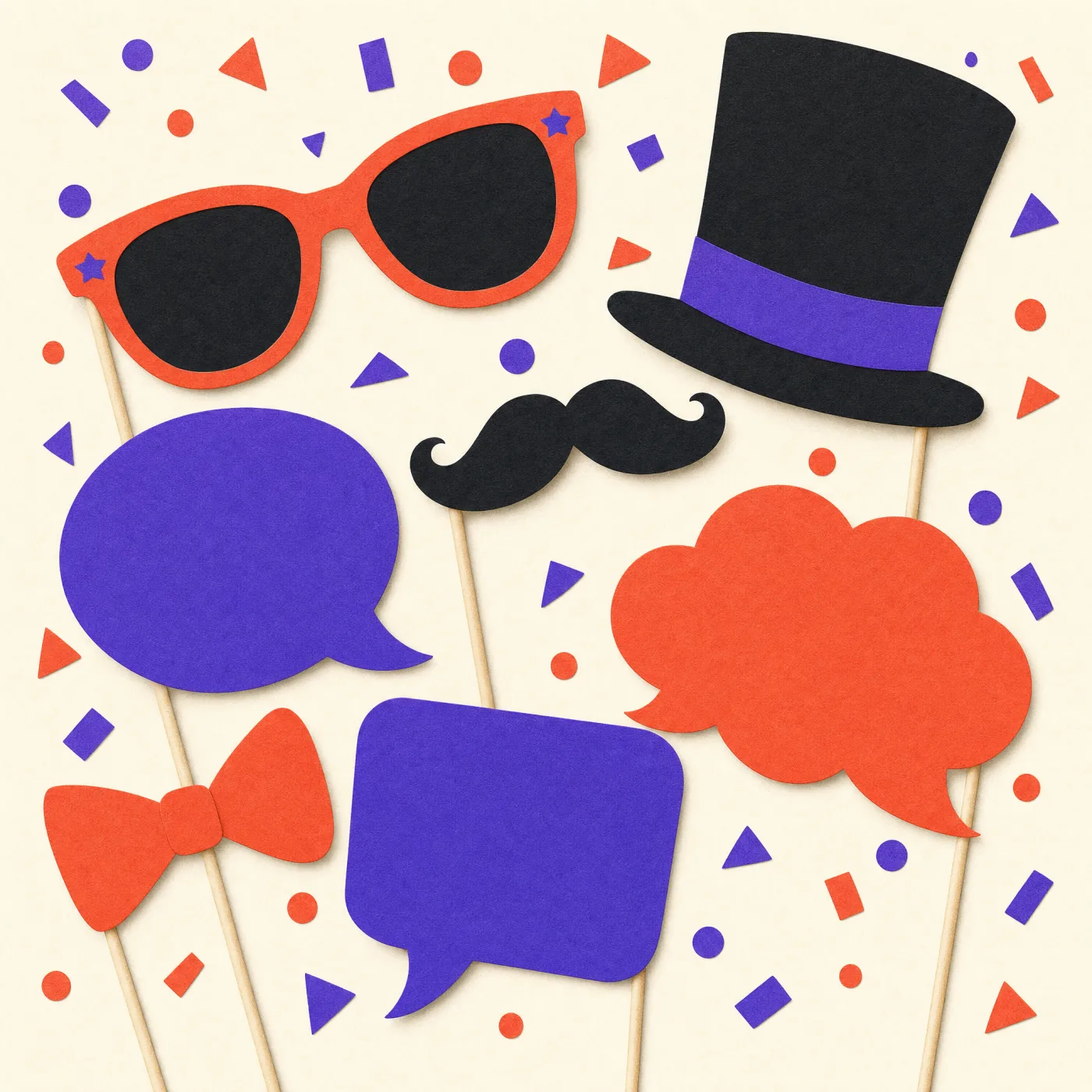 Accessoires photobooth à imprimer : lunettes, chapeau, pancartes et confettis en papier