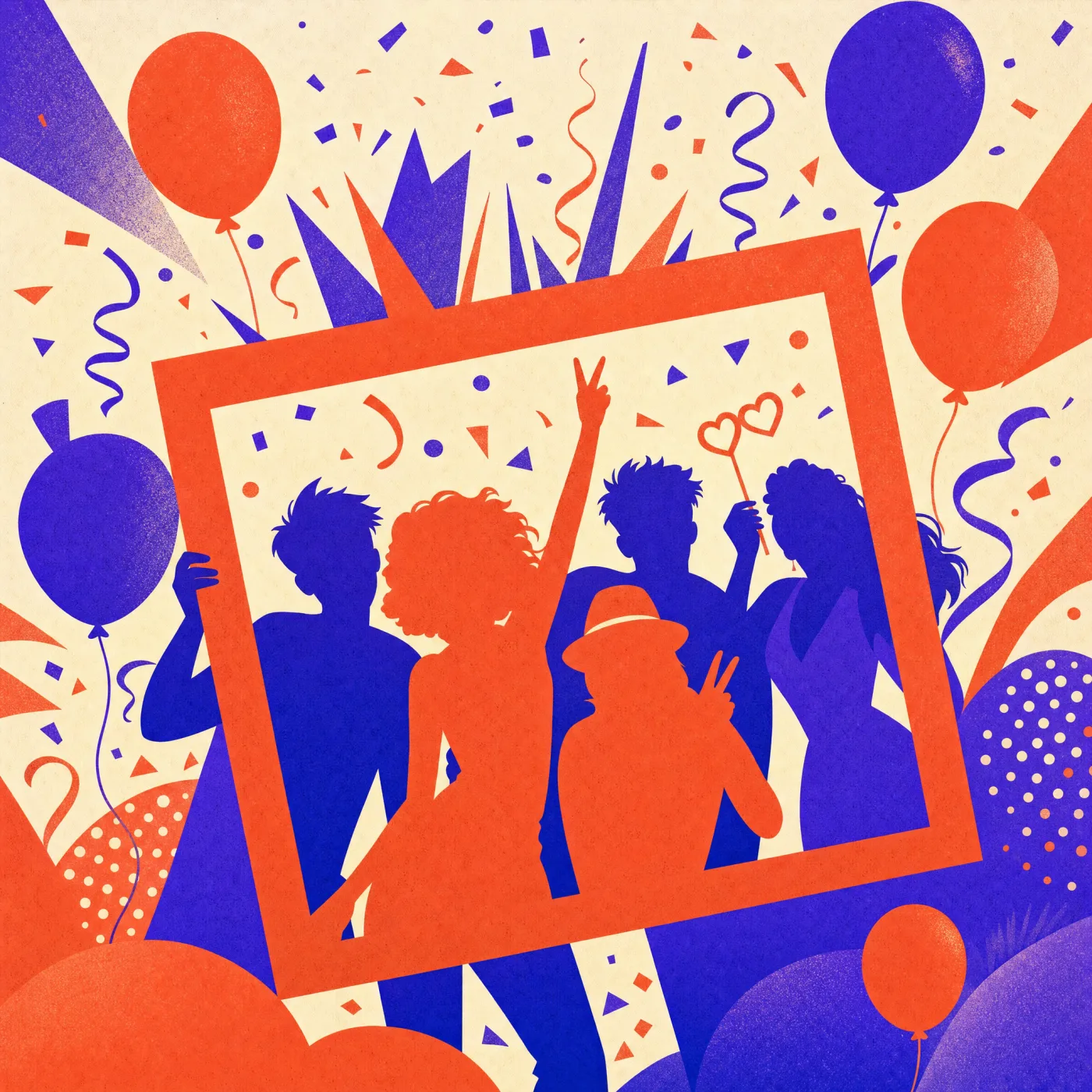 Illustration festive d'un photobooth d'anniversaire, ballons et confettis